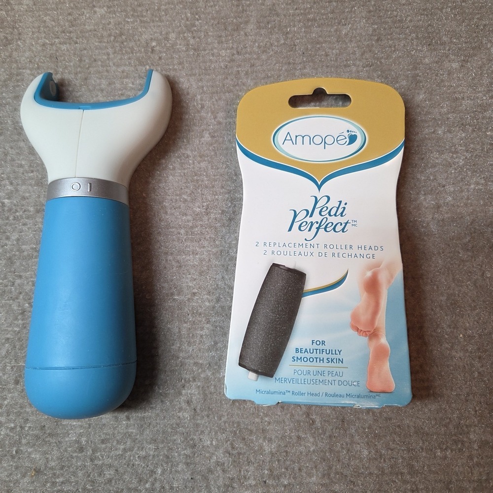 Amope Pedi Perfect Callus Remover Blue w/ 2 Replacement Roller Heads - TESTED